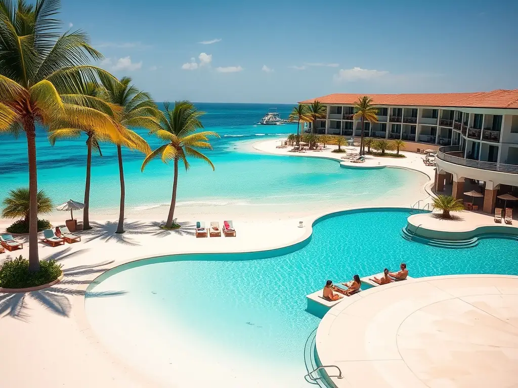 Zdjęcie plaży z białym piaskiem i luksusowego hotelu nad morzem, symbolizujące relaks i egzotyczne destynacje. This image will represent the Foreign Tours service offered by Horyzont Travel.