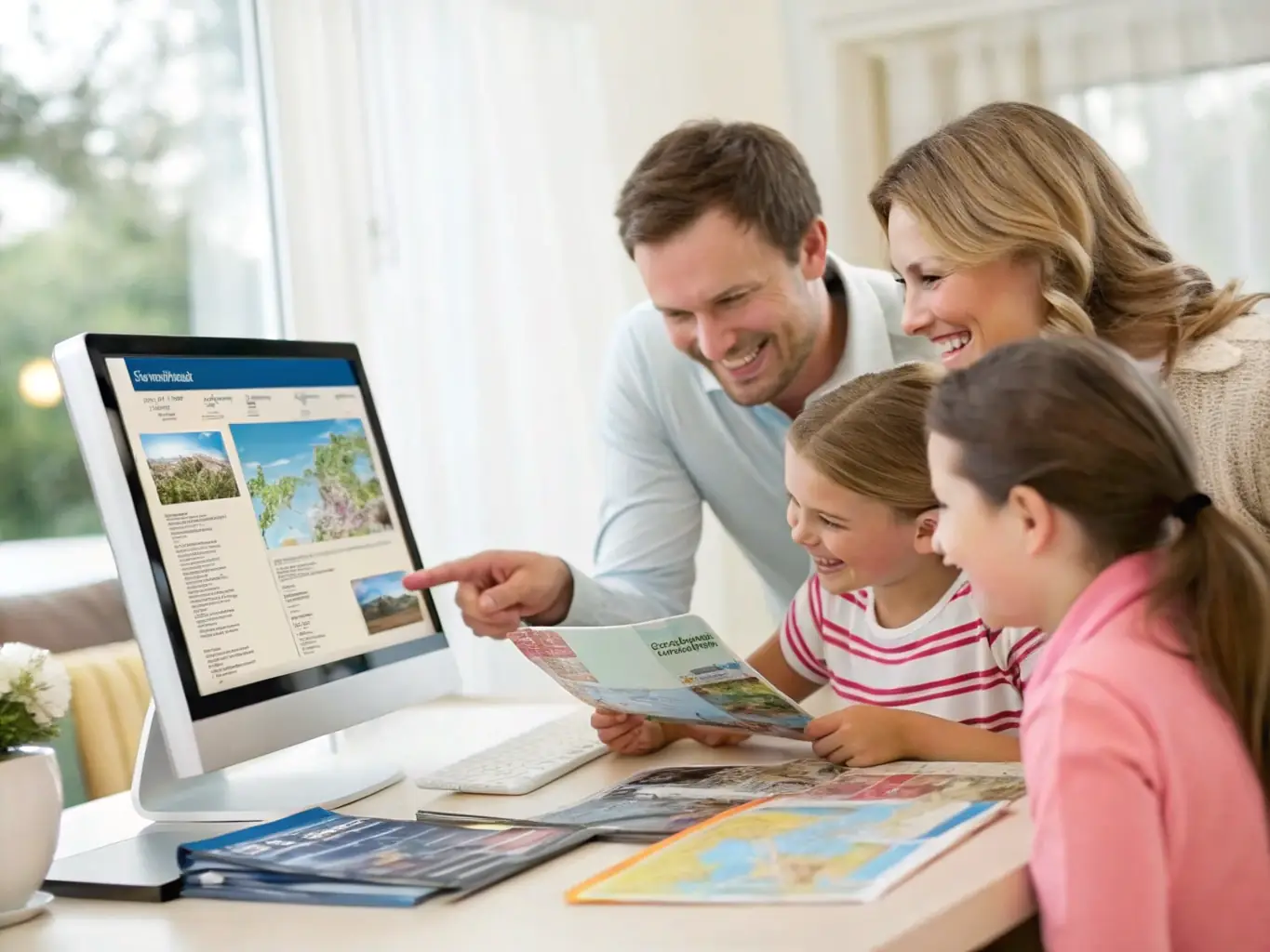 A photograph showcasing a Horyzont Travel agent assisting a family with their travel plans in a modern, well-lit office. The scene conveys trust, professionalism, and personalized service.