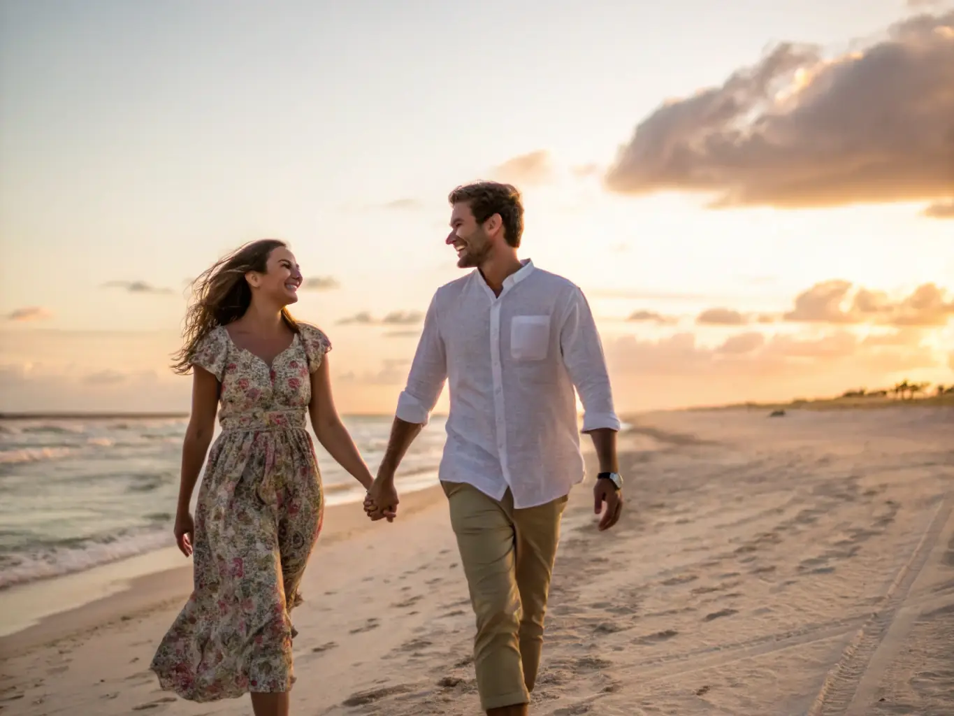 A stunning photograph of a pristine beach at sunset, with a couple enjoying a romantic stroll, representing the unforgettable experiences curated by Horyzont Travel.