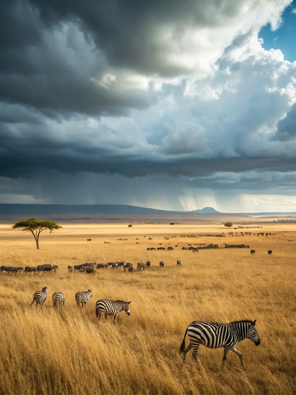 A captivating image of a safari in Tanzania, with zebras grazing in the foreground and a stunning African sunset in the background, advertising a last-minute wildlife tour.