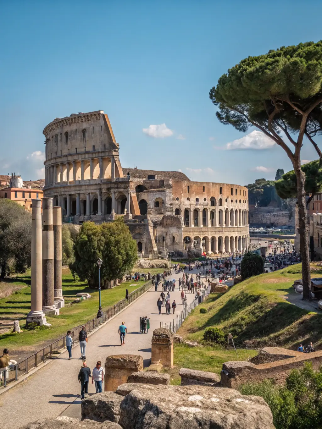 An exciting image of the Colosseum in Rome, Italy, under a clear blue sky, advertising a last-minute city break.