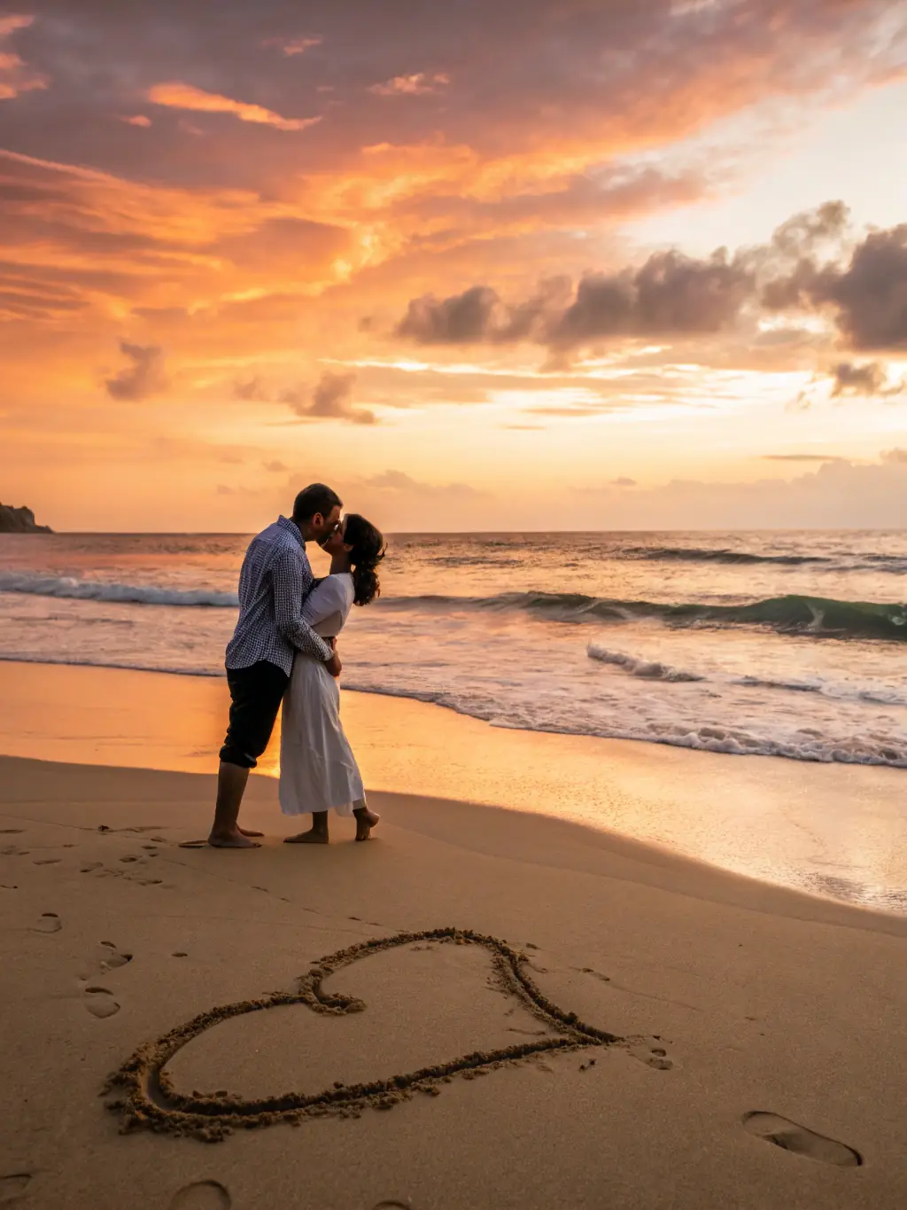 A vibrant image of a couple enjoying a sunset on a tropical beach in the Maldives, showcasing a last-minute romantic getaway package.