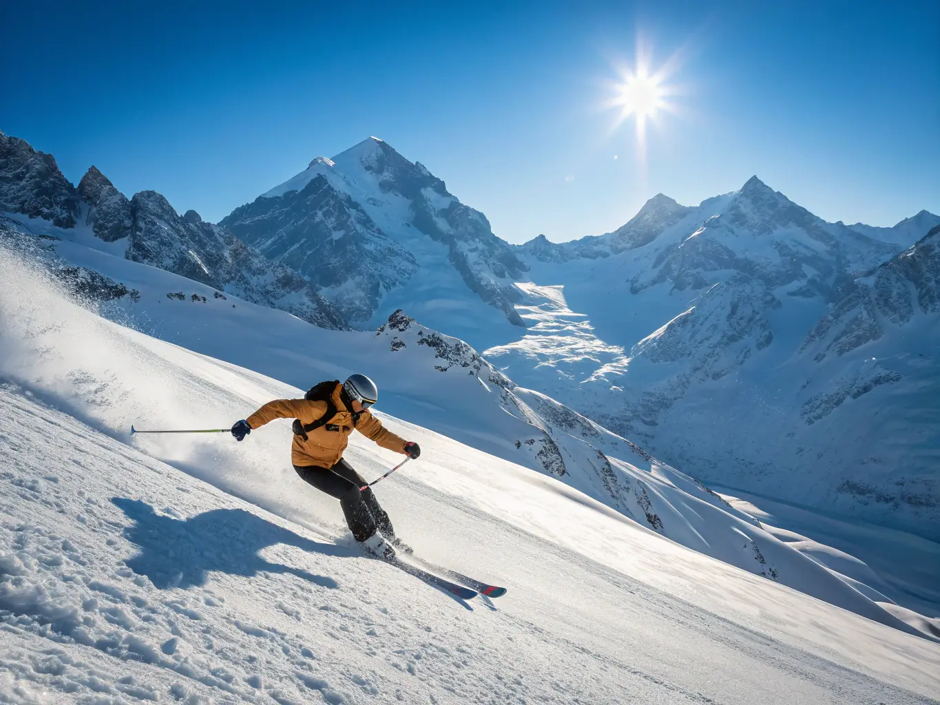 A snow-capped mountain range with skiers, representing a last-minute ski trip deal.
