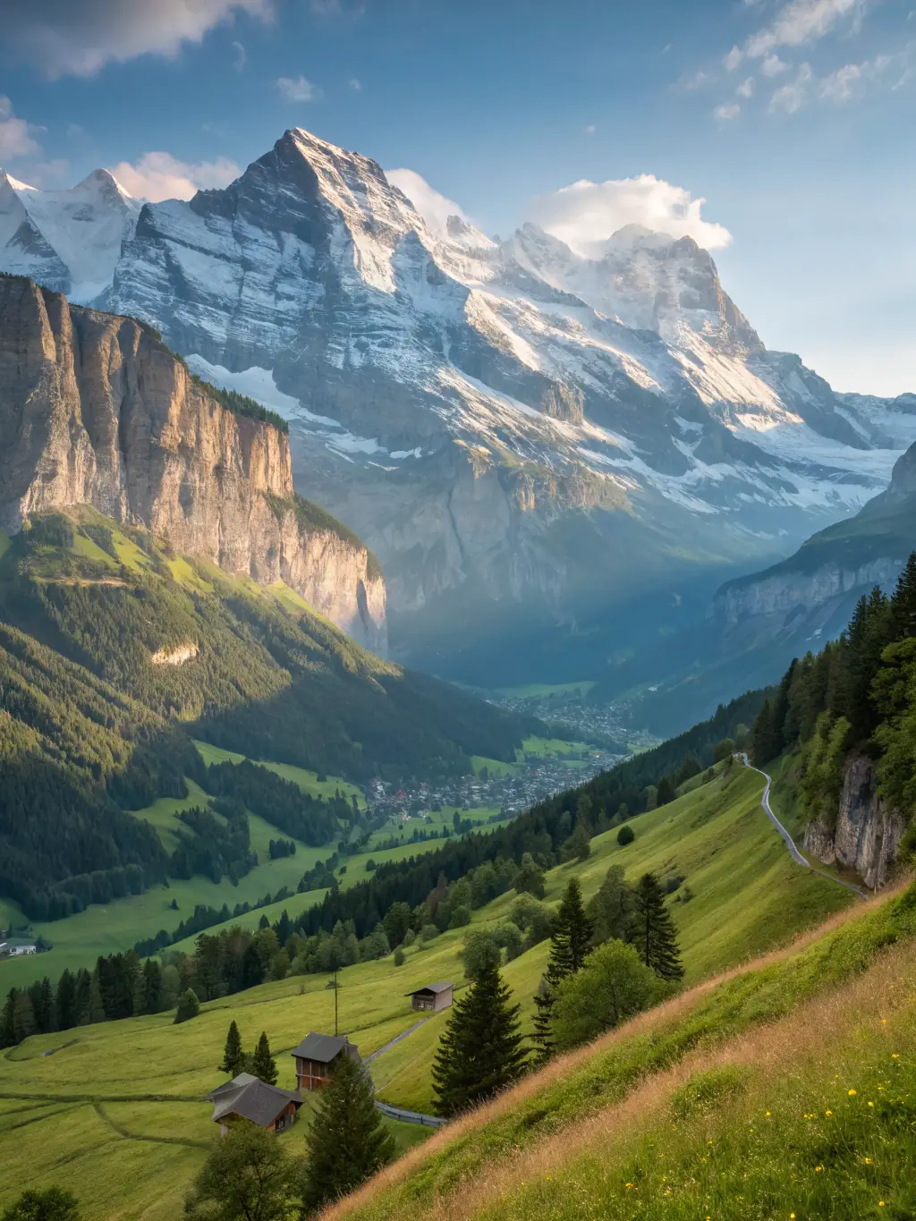 A breathtaking view of the Swiss Alps, with snow-capped mountains and a picturesque village, promoting Switzerland as a destination for adventure and relaxation.