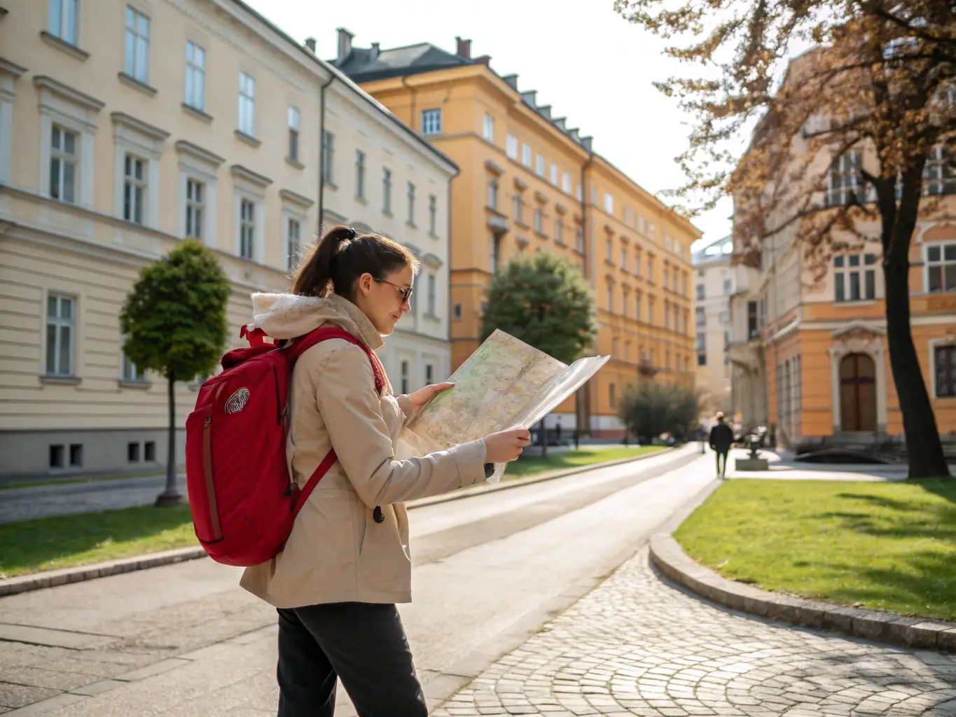 A vibrant image of a traveler confidently navigating a foreign city with a map, symbolizing the security and support provided by Horyzont Travel's comprehensive travel insurance.